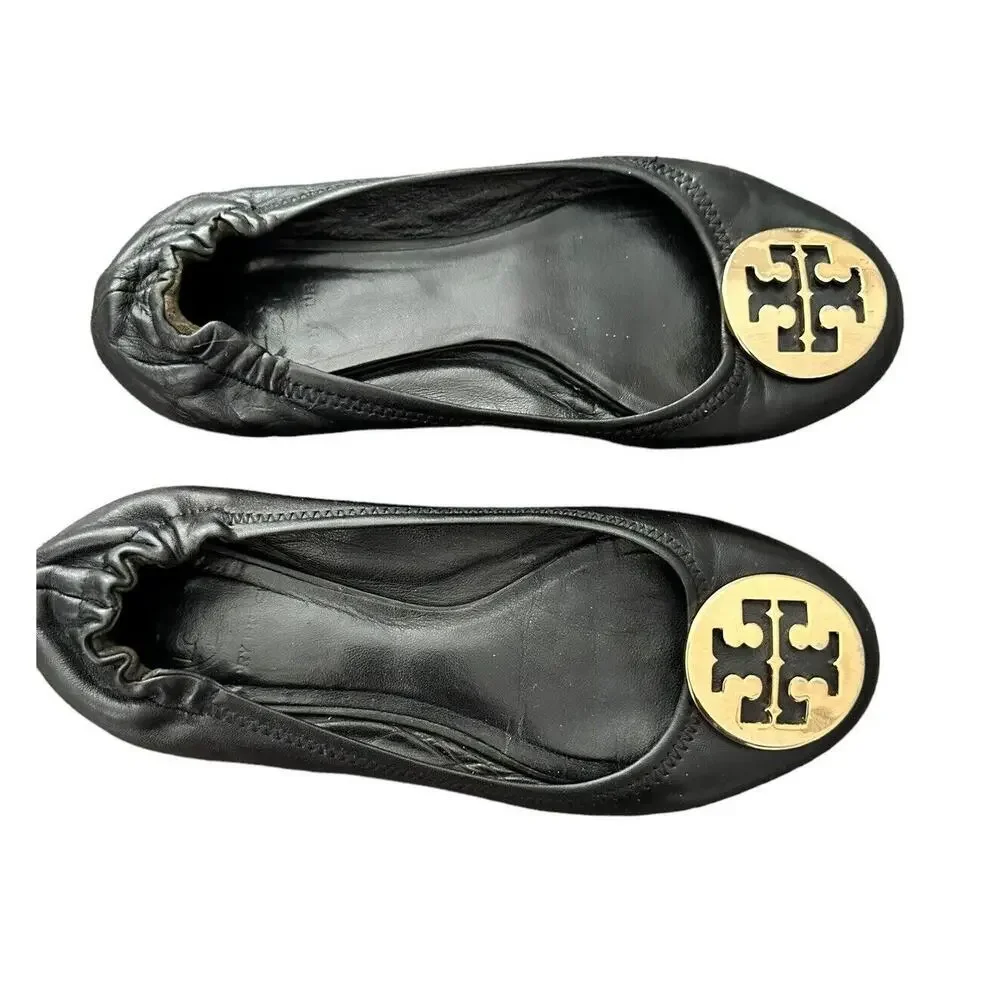 Tory Burch Reva Black Leather Gold Logo Medallion Ballet Flats Size 7 - Picture 5 of 12